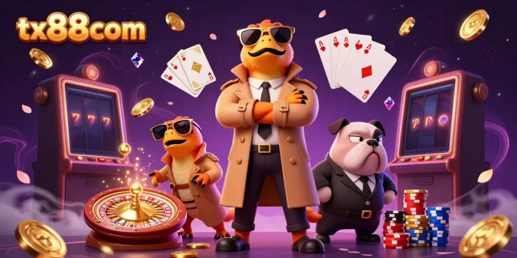 Raptors disguise as a human to enter a VIP casino lounge in a colorful and whimsical scene. tx88com included.