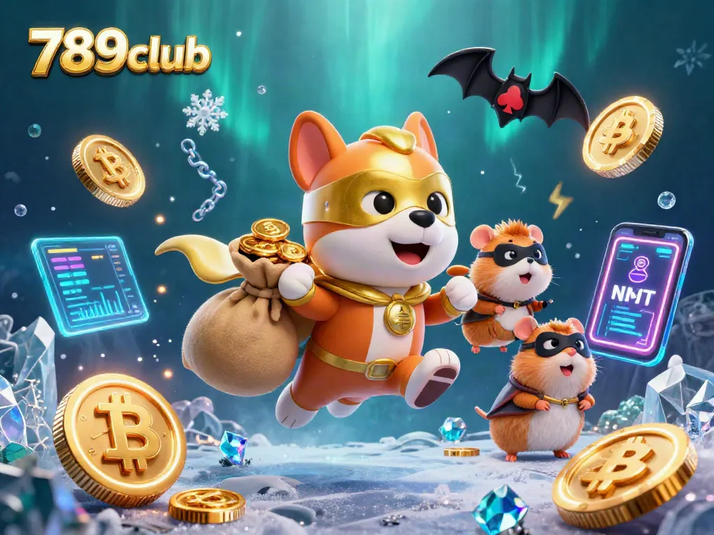 Engage with the exciting universe of 789club as a superhero dog and hamster soar amidst cryptocurrencies and casino symbols.