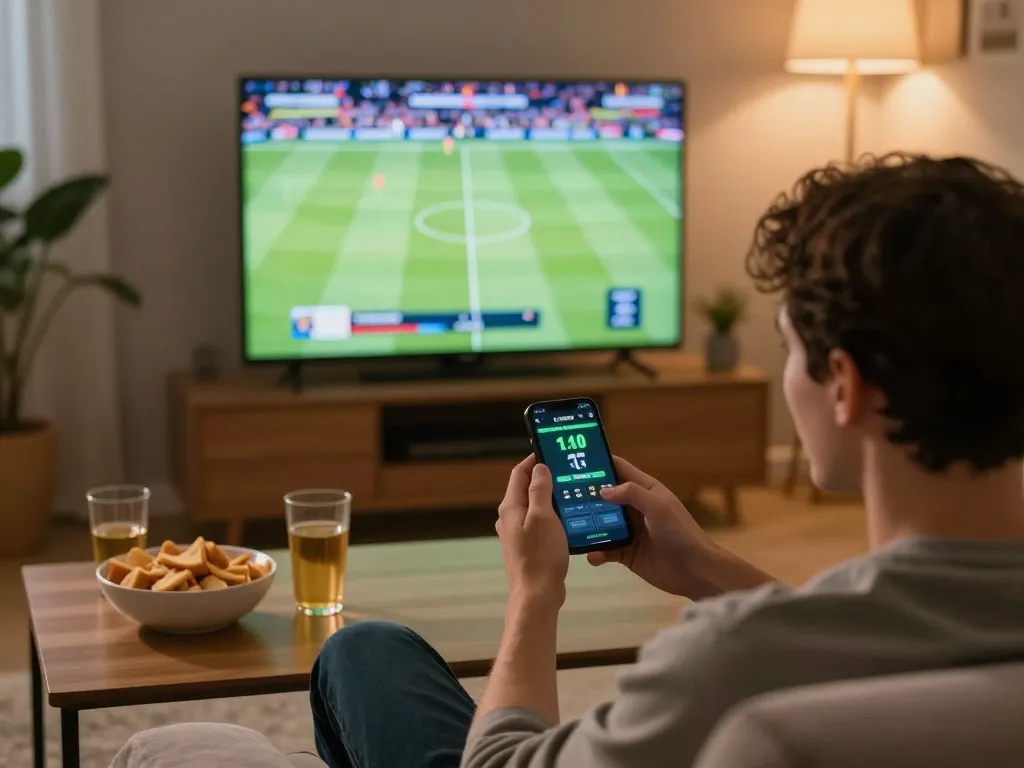 Engaged player using Go99 app for sports betting during a lively home sports event