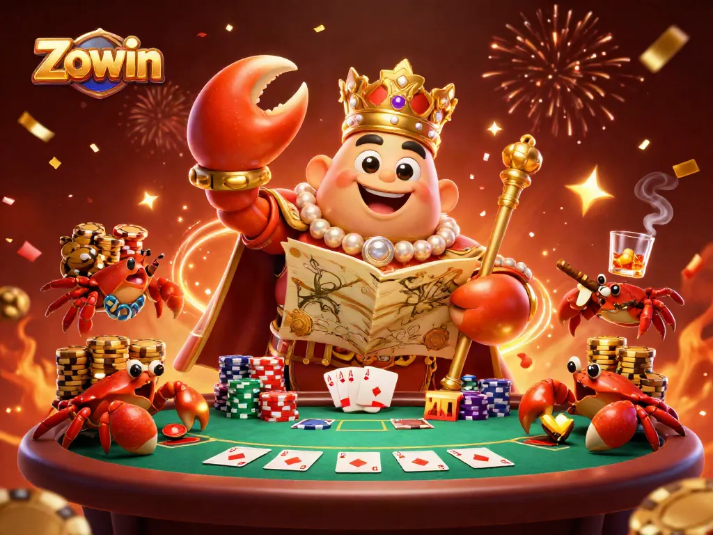 Experience thrilling gameplay with Zowin as the golden crab emperor oversees a royal poker table.