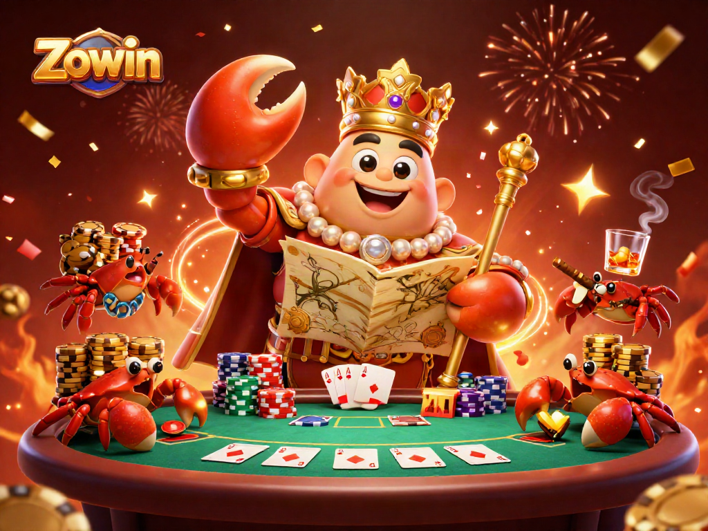 Experience thrilling gameplay with Zowin as the golden crab emperor oversees a royal poker table.