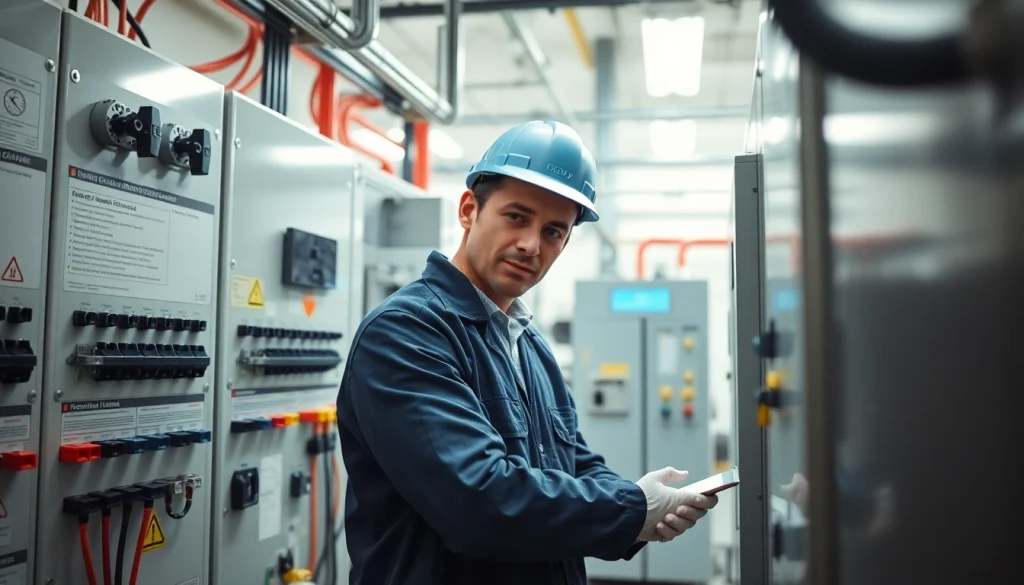 Technician performing DGUV V3 Prüfung on electrical equipment, ensuring safety and compliance.