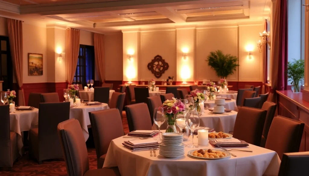 Catering-Event mit elegantem Tischarrangement und köstlichen Speisen in gemütlicher Atmosphäre.