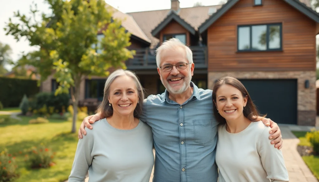 Familienvater und Familie vor ihrem Traumhaus beim Hauskauf.