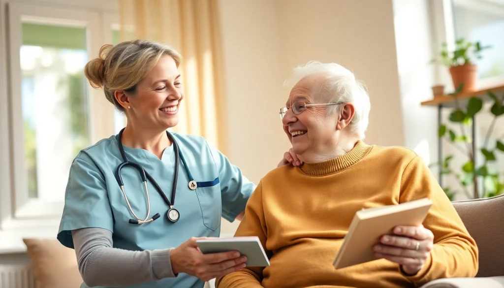 Pflegedienstmitarbeiter hilft einem älteren Patienten in einem einladenden Wohnraum, symbolisiert Unterstützung und Fürsorge.