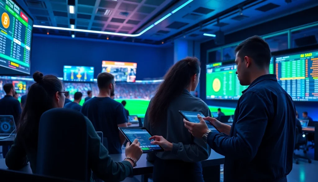 Experience the excitement of sports betting with crypto through an engaging scene of bettors analyzing games and statistics.