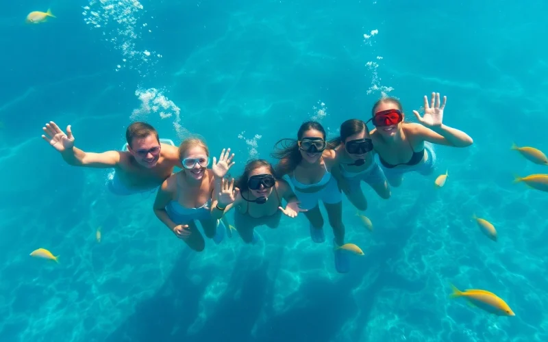 TauchKurs Mexiko: Gruppe von Tauchern taucht in klares Wasser unter einem Korallenriff.