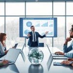 Headhunter strategizes with clients in modern office, showcasing teamwork and professionalism.
