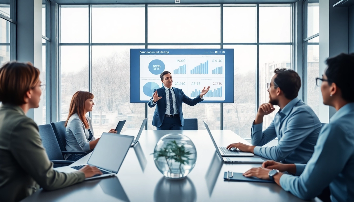 Headhunter strategizes with clients in modern office, showcasing teamwork and professionalism.