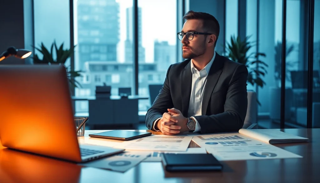 Headhunter CEO in einem modernen Büro, strategisch über Unternehmensführung nachdenklich.