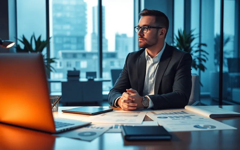 Headhunter CEO in einem modernen Büro, strategisch über Unternehmensführung nachdenklich.