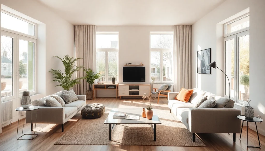 Moderne Raumgestaltung mit hellen Farben und stilvollen Möbeln, die eine gemütliche Atmosphäre schaffen.