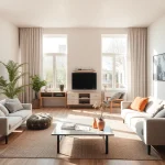 Moderne Raumgestaltung mit hellen Farben und stilvollen Möbeln, die eine gemütliche Atmosphäre schaffen.