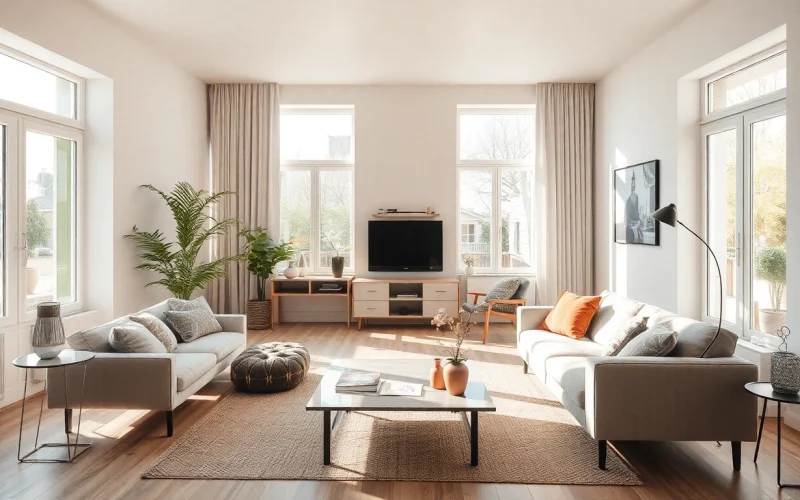 Moderne Raumgestaltung mit hellen Farben und stilvollen Möbeln, die eine gemütliche Atmosphäre schaffen.