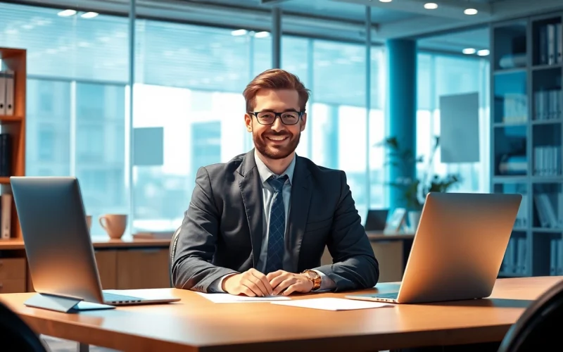 Headhunter Mannheim im modernen Büro, der mit einem Kandidaten spricht.