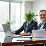 Headhunter Geschäftsführer am Schreibtisch mit Laptop in modernem Büro.