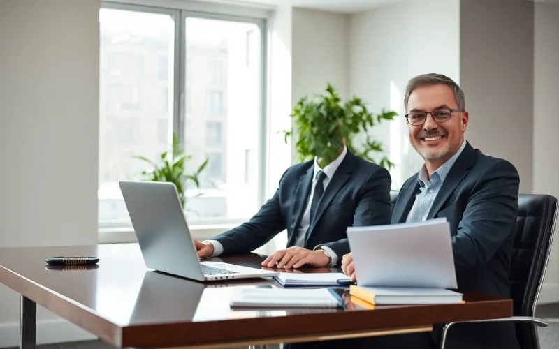 Headhunter Geschäftsführer am Schreibtisch mit Laptop in modernem Büro.