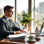 Ein Headhunter Finance arbeitet konzentriert in einem modernen Büro, um passende Talente zu finden.