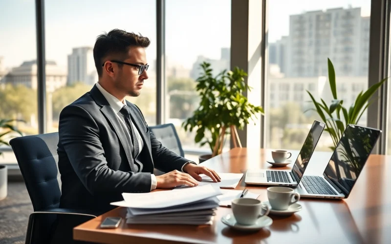 Ein Headhunter Finance arbeitet konzentriert in einem modernen Büro, um passende Talente zu finden.