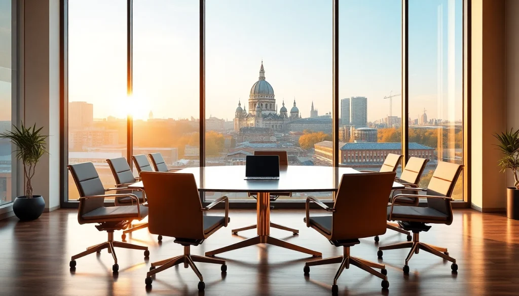 Headhunter Köln präsentiert ein modernes Büro mit Blick auf den Kölner Dom, symbolisiert durch eleganten Konferenztisch und warme Lichtstimmung.