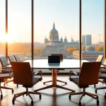 Headhunter Köln präsentiert ein modernes Büro mit Blick auf den Kölner Dom, symbolisiert durch eleganten Konferenztisch und warme Lichtstimmung.
