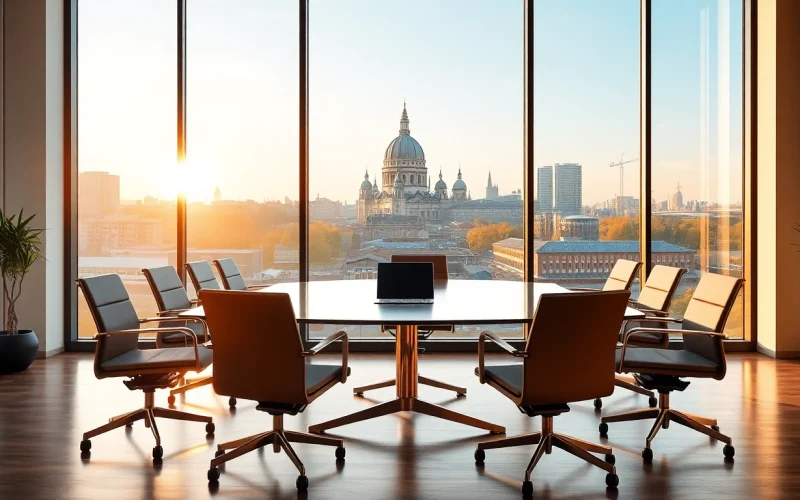 Headhunter Köln präsentiert ein modernes Büro mit Blick auf den Kölner Dom, symbolisiert durch eleganten Konferenztisch und warme Lichtstimmung.