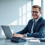 Headhunter in modernem Büro, konzentriert auf Laptop, bei der Suche nach Talenten.