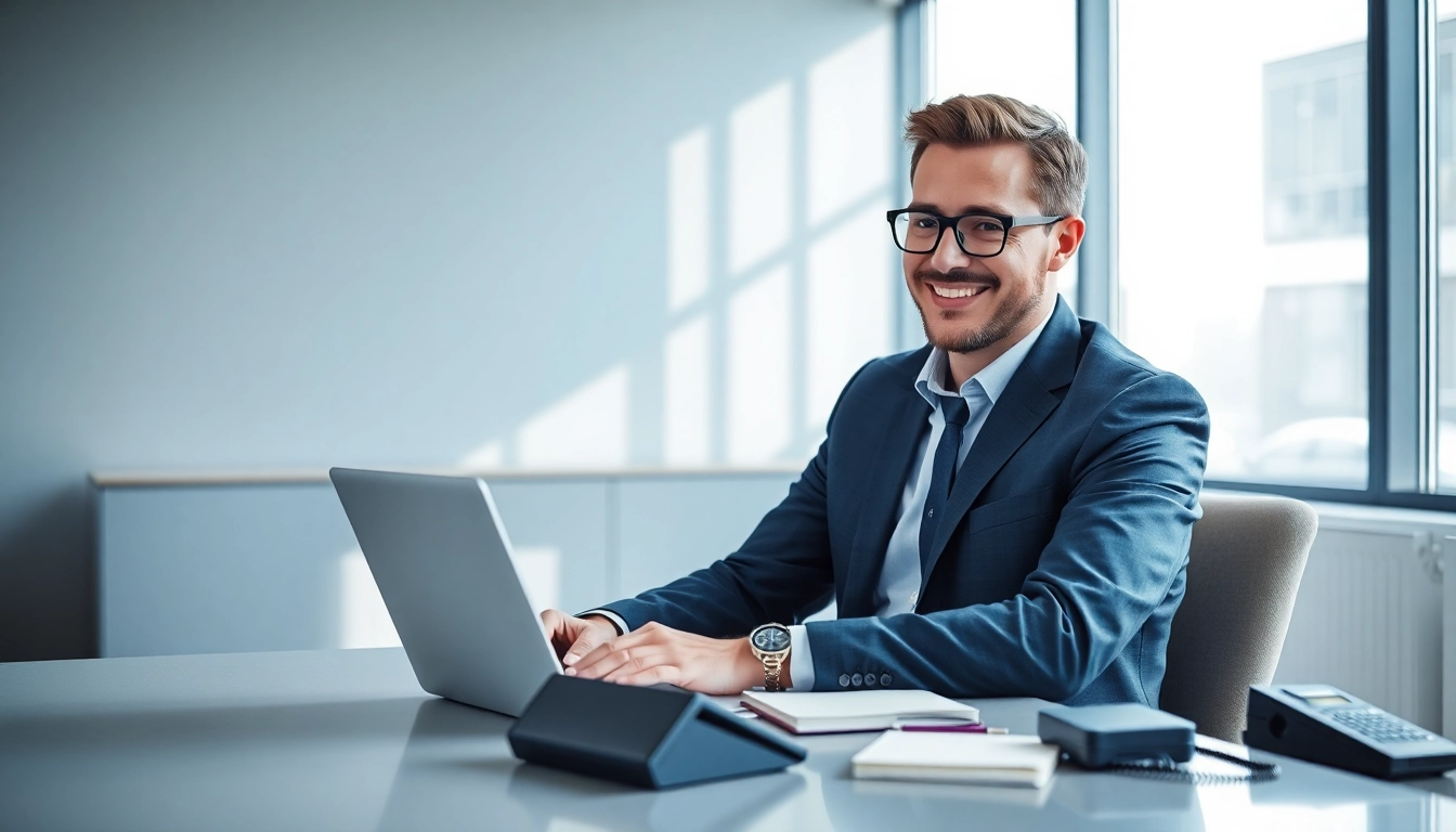 Headhunter in modernem Büro, konzentriert auf Laptop, bei der Suche nach Talenten.