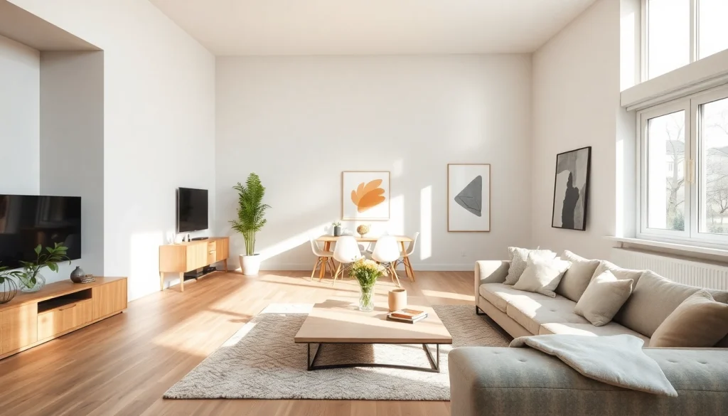 Raumgestaltung eines stilvollen und einladenden Wohnraums mit eleganten Möbeln und natürlichem Licht.