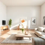 Raumgestaltung eines stilvollen und einladenden Wohnraums mit eleganten Möbeln und natürlichem Licht.