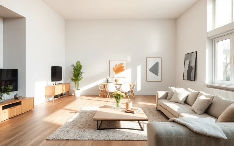 Raumgestaltung eines stilvollen und einladenden Wohnraums mit eleganten Möbeln und natürlichem Licht.