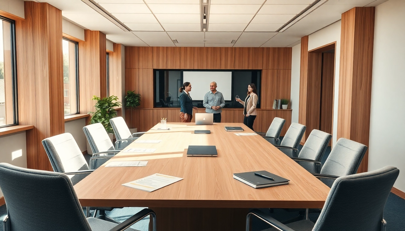 Illustration eines modernen Büros für Personalvermittlung mit Bewerbungsunterlagen und aktiven Fachkräften im Gespräch.