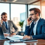 Headhunter IT in einem modernen Büro, während er einen potenziellen IT-Kandidaten anruft.