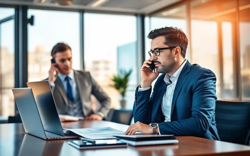 Headhunter IT in einem modernen Büro, während er einen potenziellen IT-Kandidaten anruft.