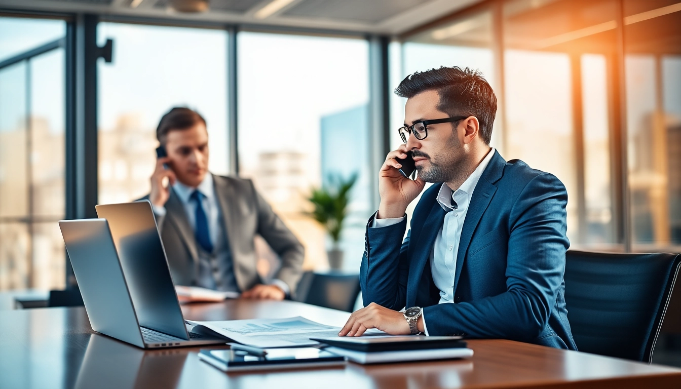 Headhunter IT in einem modernen Büro, während er einen potenziellen IT-Kandidaten anruft.