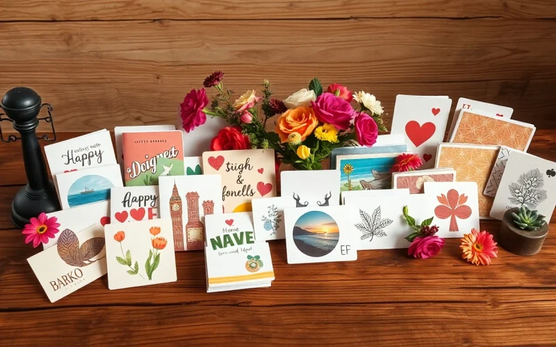 Entdecke schöne Karten in einer bunten Anordnung auf einem rustikalen Tisch mit floralen Akzenten.
