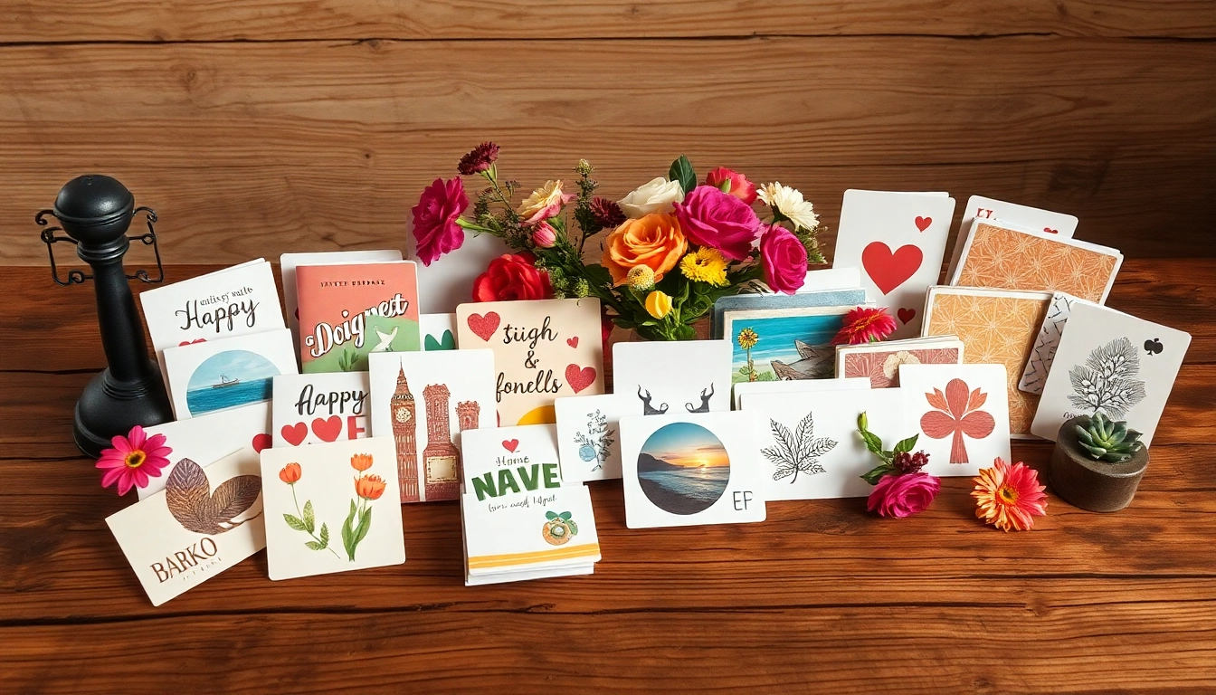 Entdecke schöne Karten in einer bunten Anordnung auf einem rustikalen Tisch mit floralen Akzenten.