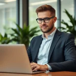 Headhunter IT bei der Arbeit an einem Laptop in einem modernen Büro.