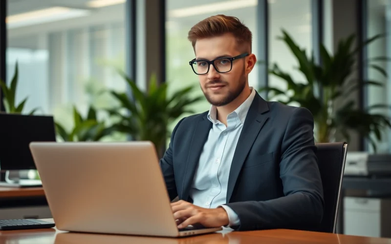 Headhunter IT bei der Arbeit an einem Laptop in einem modernen Büro.