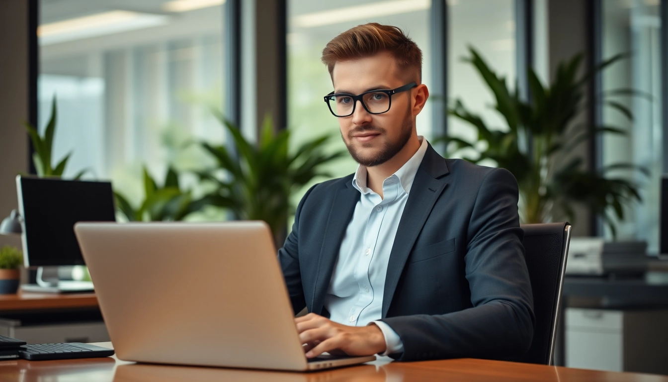 Headhunter IT bei der Arbeit an einem Laptop in einem modernen Büro.