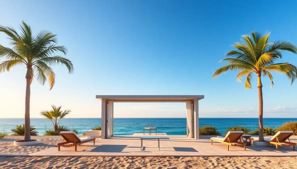 Genieße den Blick auf die elegante coastal cabana inmitten von Palmen mit Blick auf das Meer.