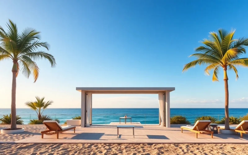 Genieße den Blick auf die elegante coastal cabana inmitten von Palmen mit Blick auf das Meer.