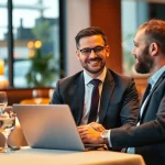 Headhunter Gastronomie im Gespräch mit einem Kandidaten in einem eleganten Restaurant.