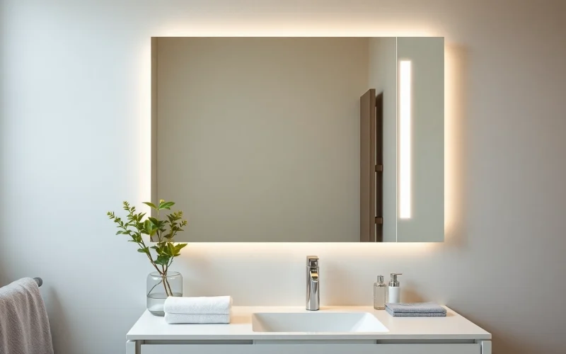 Betrachten Sie diesen modernen spiegelschrank led mit warmem Licht und elegantem Design, der Ihr Badezimmer stilvoll aufwertet.