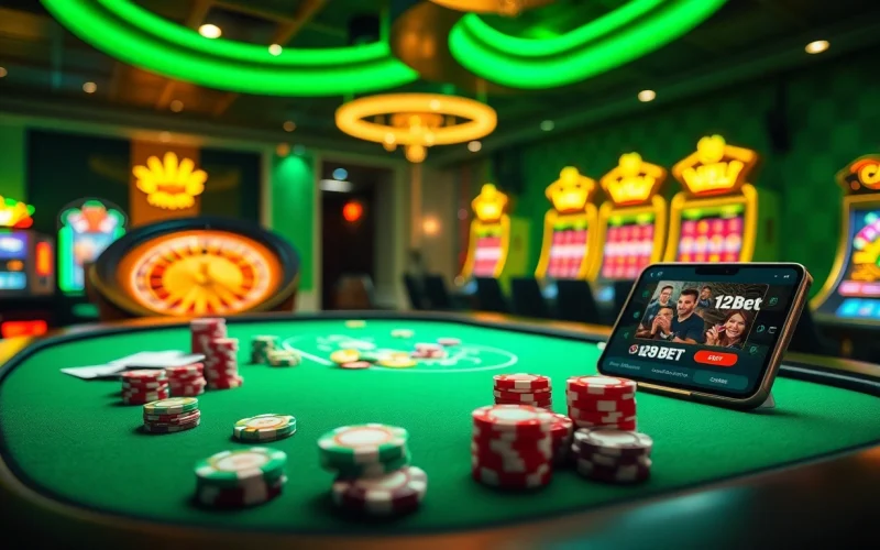 Experience the excitement of online gambling with link 12bet featuring vibrant casino elements and a sleek poker table.