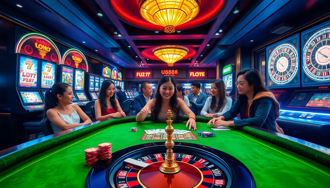 U888 online casino showcases a luxurious gaming table with poker chips and vibrant slot machines.