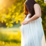 Schwangerschaftsfotos zeigen eine glückliche, werdende Mutter bei Babybauch Fotografie im Freien.