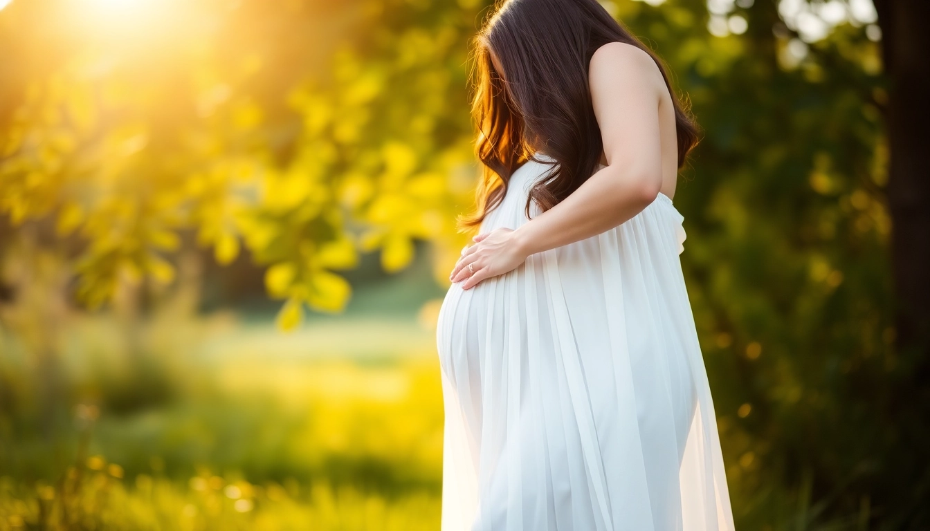 Schwangerschaftsfotos zeigen eine glückliche, werdende Mutter bei Babybauch Fotografie im Freien.