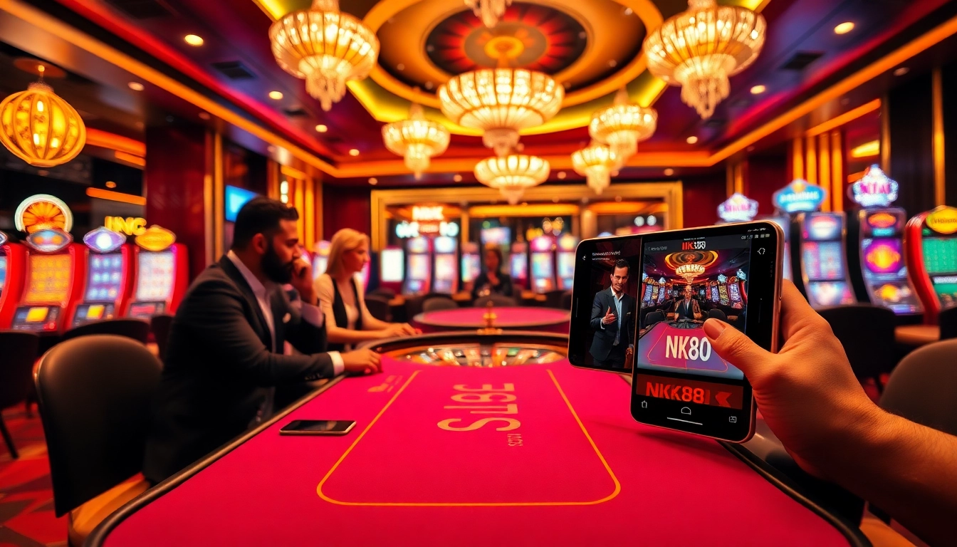 Engaging online gambling scene at https://nk88net.com/ showcasing a luxury casino atmosphere with players and games.