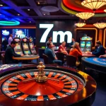 Players engaging in thrilling table games at a casino, with '7m' prominently displayed on digital screens.